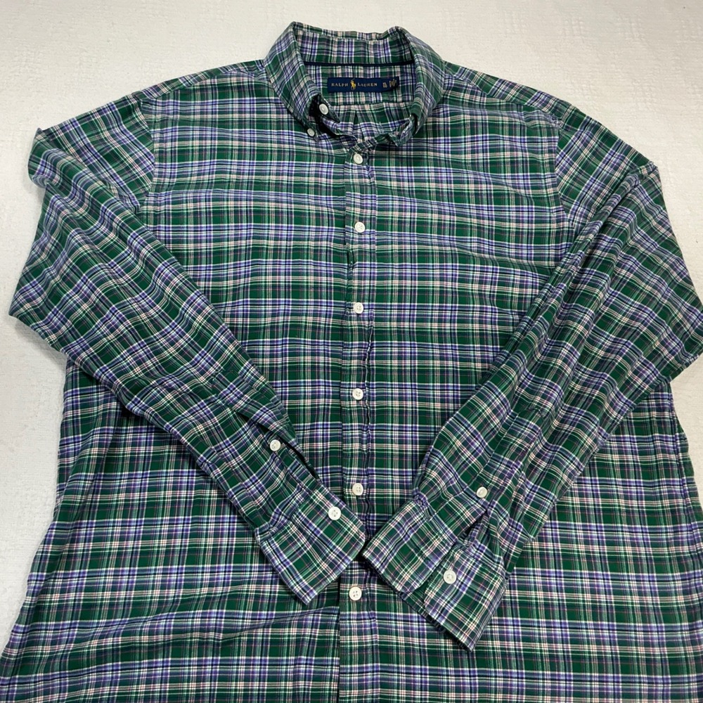 Ralph Lauren Mens XL Green Purple Plaid Long Sleeve Button Down Shirt Cotton